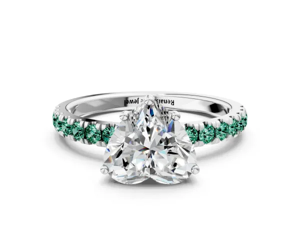 Heart Cut Diamond Pave Band Solitaire Ring with Round Green Sapphire and Prong Setting Platinum