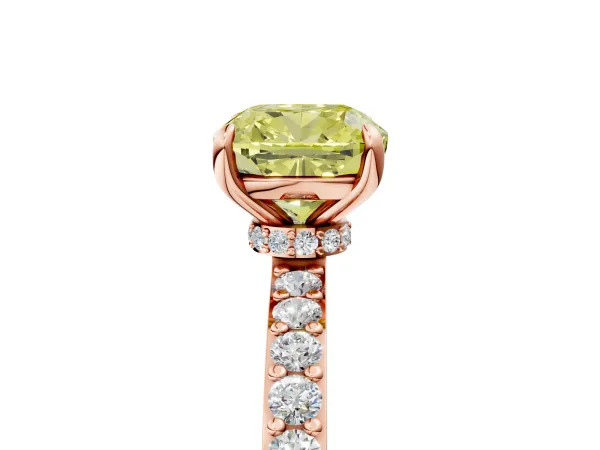 Fancy Yellow Cushion Cut Diamond Solitaire Engagement Ring with Pavé Band and Four-Prong Setting Rose gold