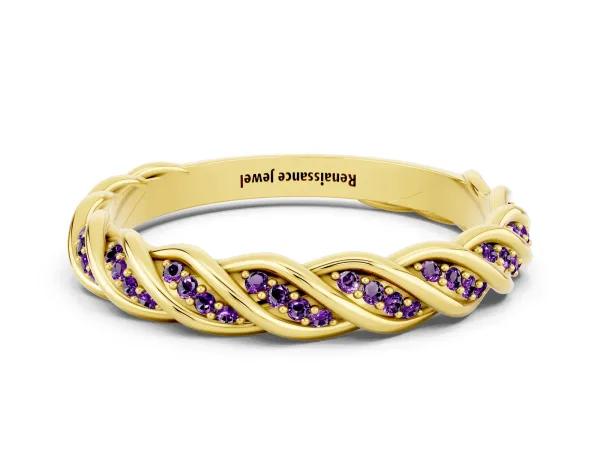 Twisted Pavé Round Amethyst Eternity Band with Shared Prong Setting Yellow gold