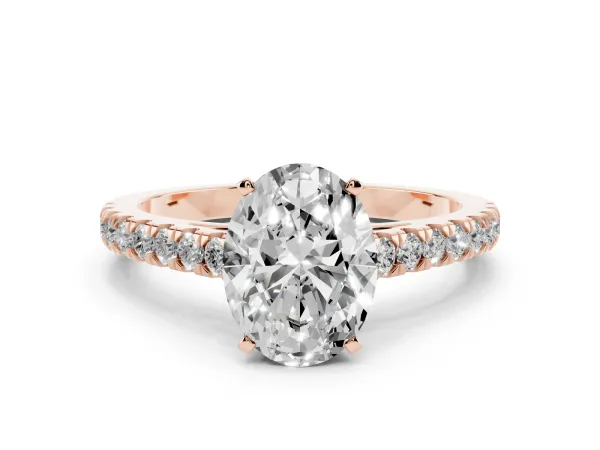 Oval Cut Cut Solitaire Diamond Ring with Pave Band and Four-Prong Setting Rose gold