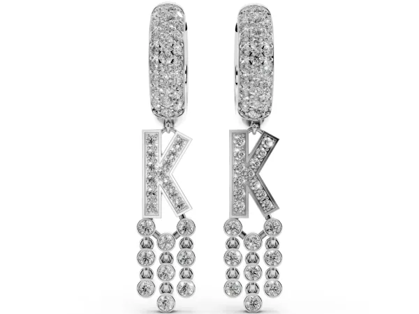 Round Diamond Initial K Huggie Hoop Earrings Platinum