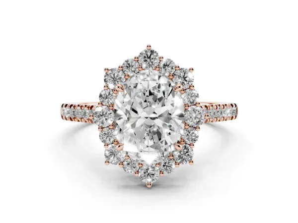 Oval Cut Halo Diamond Ring with Pavé Band and Prong Setting Rose gold