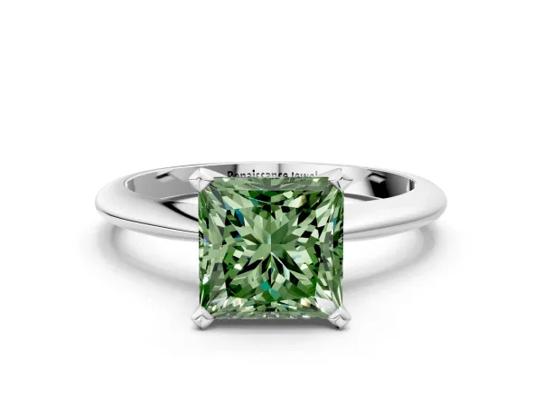 Fancy Green Princess Cut Diamond Solitaire Engagement Ring with Classic Band and Four-Prong Setting Silver