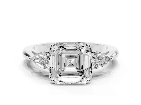 Three-Stone Asscher Cut Diamond Ring with Pear Side Stones in Four-Prong Setting White gold