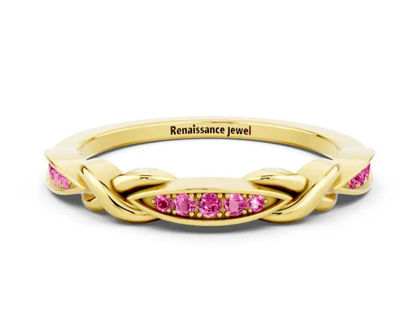 Twisted Marquise Pink Sapphire Pavé Band with Shared Prong Setting Yellow gold