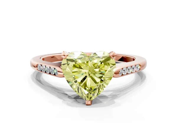 Fancy Yellow Heart Cut Diamond Solitaire Ring with Channel Set Round Band and Prong Setting Rose gold