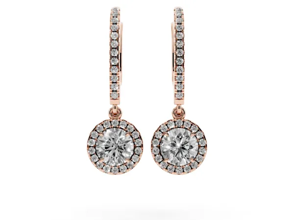 Round Cut Diamond Halo Drop Earrings with Pavé Hoop Rose gold