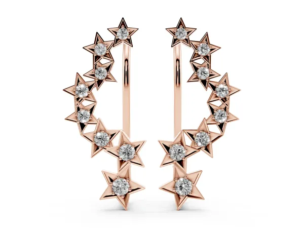 Star Cluster Diamond Crescent Earrings with Round Cut Stones on a Curved Band and Prong Setting Rose gold