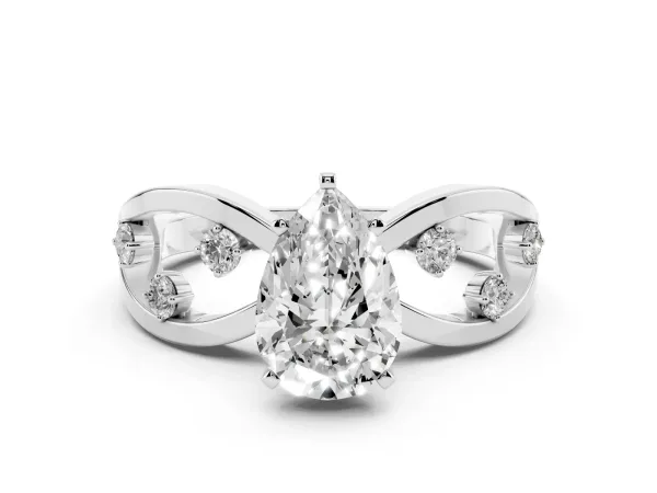 Pear Cut Cut Solitaire Diamond with Side Stones on Criss-Cross Band and Four-Prong Setting White gold