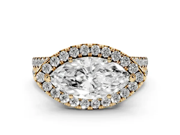 Pave Split Shank Halo Marquise Cut Cut Prong Set Ring Yellow gold