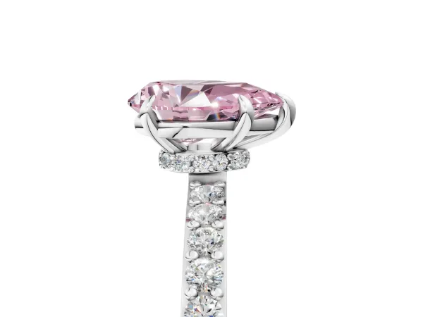 Fancy Pink Pear Cut Diamond Solitaire Engagement Ring with Pavé Band and Four-Prong Setting Silver
