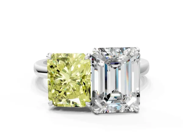 Fancy Yellow Radiant Cut and Emerald Cut Toi Moi Ring with Prong Setting White gold