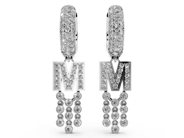 Round Diamond Initial M Huggie Hoop Earrings Platinum