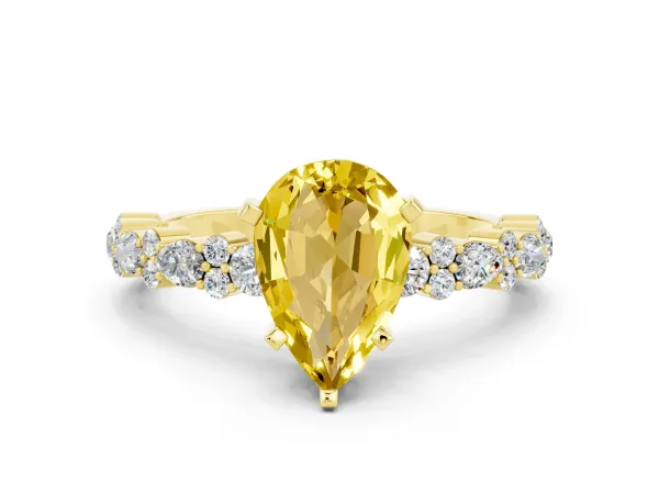 Pear Cut Yellow Sapphire Side Stone Solitaire Ring with Round and Four-Prong Setting Yellow gold
