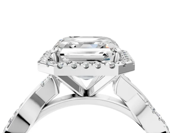 Asscher Cut Cut Halo Twisted Band Four-Prong Ring Platinum