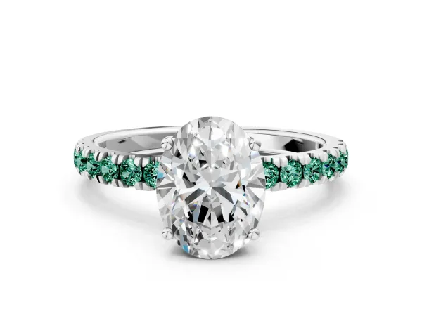 Oval Cut Diamond Pave Band Solitaire Ring with Round Green Sapphire and Prong Setting White gold