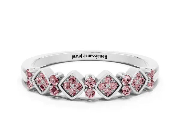 Pavé Cushion Morganite Cluster Eternity Band with Prong Setting Platinum