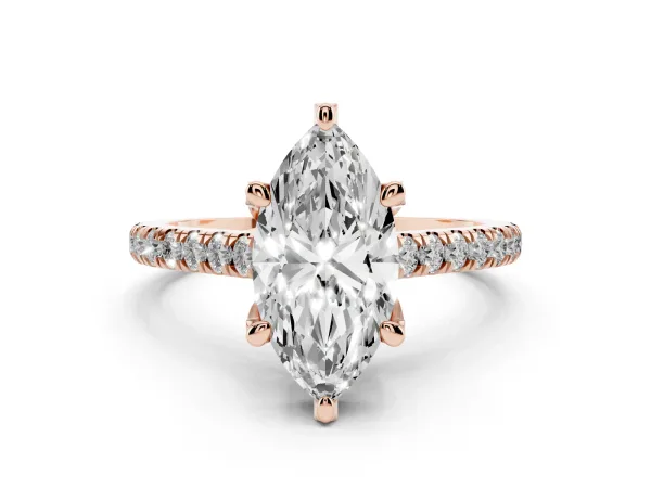 Marquise Cut Brilliant Diamond Solitaire with Pavé Band and Four-Prong Setting Rose gold