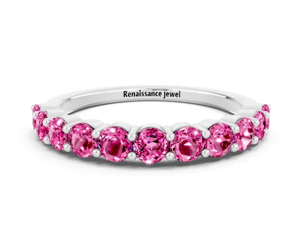 Round Pink Sapphire Half Eternity Band with Prong Setting Platinum