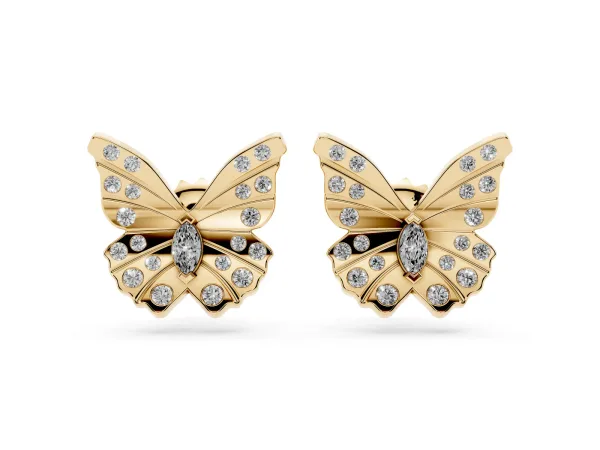 Round and Marquise Diamond Flutter Butterfly Stud Earrings Yellow gold