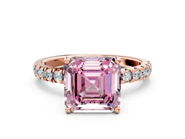 Fancy Pink Asscher Cut Diamond Pave Band Solitaire Ring with Round and Prong Setting Rose gold