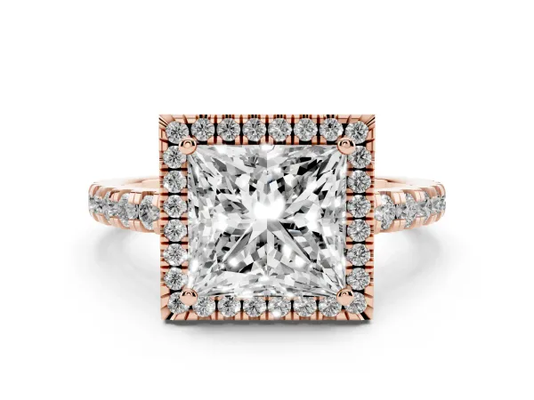 Princess Cut Diamond Halo Ring with Pavé Band and Four-Prong Setting Rose gold
