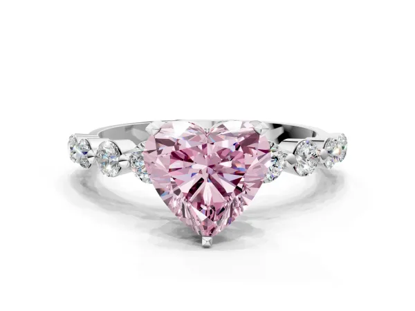 Fancy Pink Heart Cut Solitaire Diamond Ring with Pave Band and Four-Prong Setting White gold