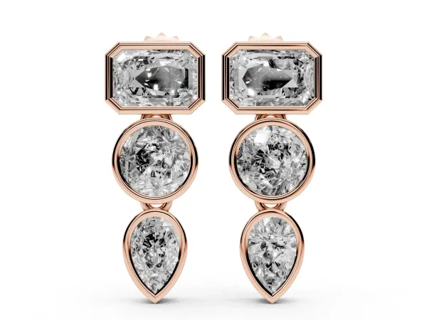 Emerald, Round and Pear Diamond Bezel Drop Earrings Rose gold