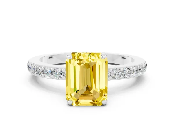 Emerald Cut Yellow Sapphire Solitaire Engagement Ring with Pavé Band and Four-Prong Setting Platinum