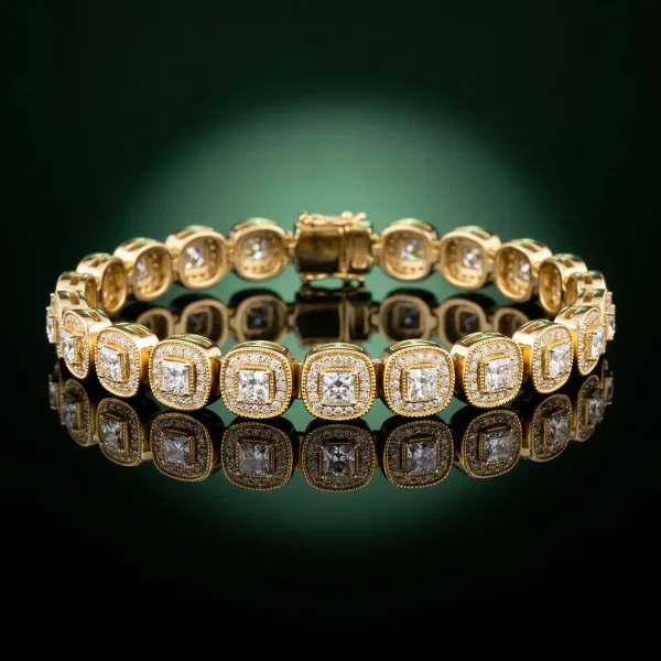 Cushion Halo Diamond Tennis Bracelet with Channel Band and Bezel Setting Yellow gold