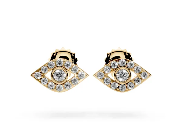 Round Diamond Bezel Center Evil Eye Stud Earrings Yellow gold