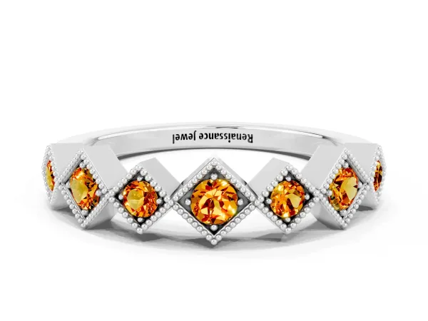 Milgrain Square Bezel Round Citrine Chevron Band Platinum
