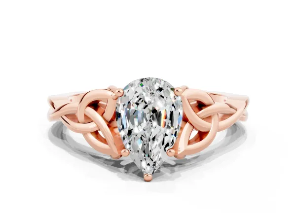 Pear Cut Moissanite Solitaire Celtic Knot Ring with Four-Prong Setting Rose gold