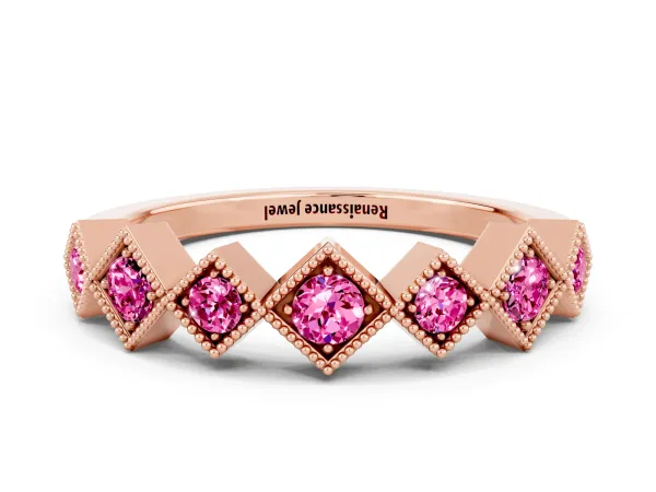 Milgrain Square Bezel Round Pink Sapphire Chevron Band Rose gold