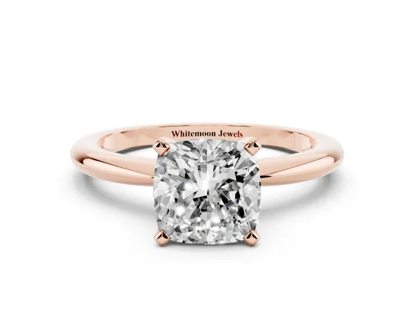 Cushion Cut Diamond Solitaire Ring with Prong Setting and Classic Band Rose gold