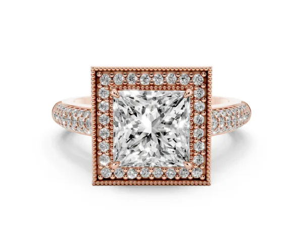 Princess Cut Cut Halo Diamond Pave Band with Four-Prong Setting Rose gold