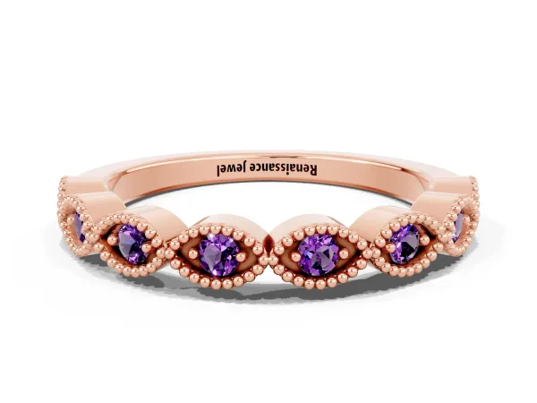 Milgrain Marquise Amethyst Half Eternity Band with Bezel Setting Rose gold