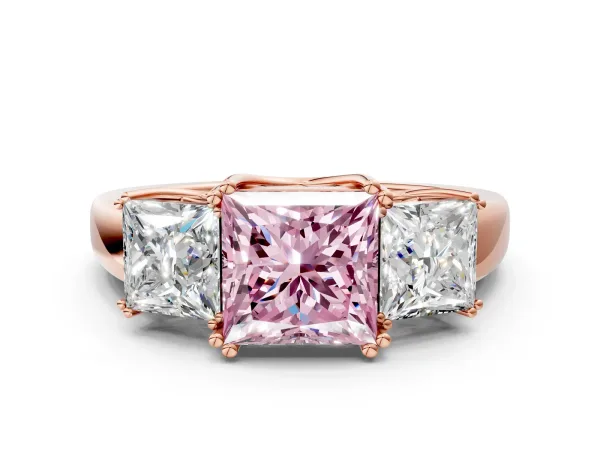 Fancy Pink Three-Stone Princess Cut Cut Diamond Ring with Channel Set Band and Four-Prong Setting Rose gold