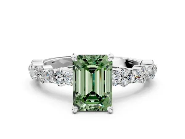 Fancy Green Emerald Cut Diamond Side Stone Solitaire Ring with Round and Four-Prong Setting White gold