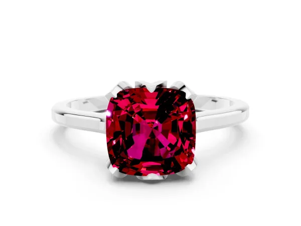 Cushion Cut Garnet Solitaire Ring with Flower Prong Setting and Classic Band White gold