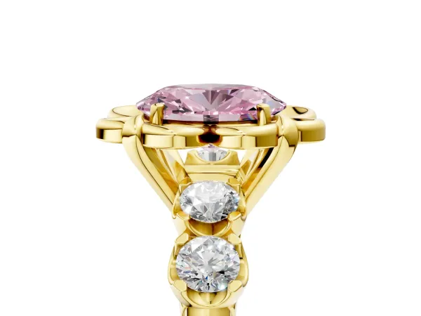 Fancy Pink Oval Cut Cut Diamond Floral Halo Engagement Ring with Shared Prong Setting Yellow gold