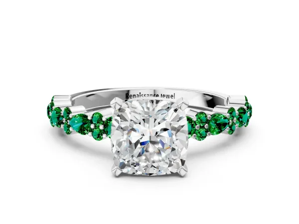 Cushion Cut Diamond Side Stone Solitaire Ring with Round Emerald and Four-Prong Setting Platinum