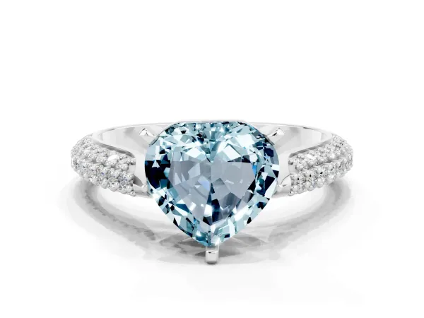 Heart Cut Aquamarine Solitaire Engagement Ring with Multi-Row Round Pavé Band and Prong Setting Platinum