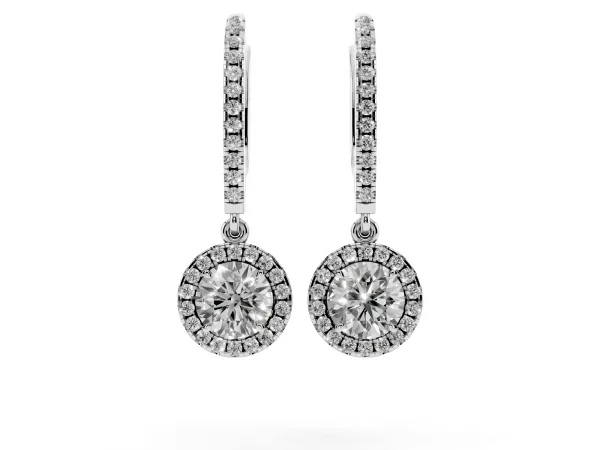 Round Cut Diamond Halo Drop Earrings with Pavé Hoop Platinum