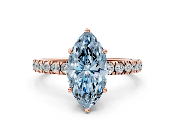 Fancy Blue Marquise Cut Diamond Pave Band Solitaire Ring with Round and Prong Setting Rose gold