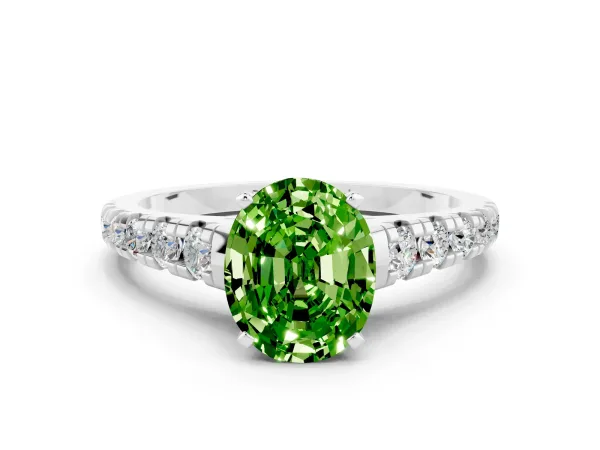 Oval Cut Peridot Cathedral Solitaire Ring with Round Pavé Band White gold
