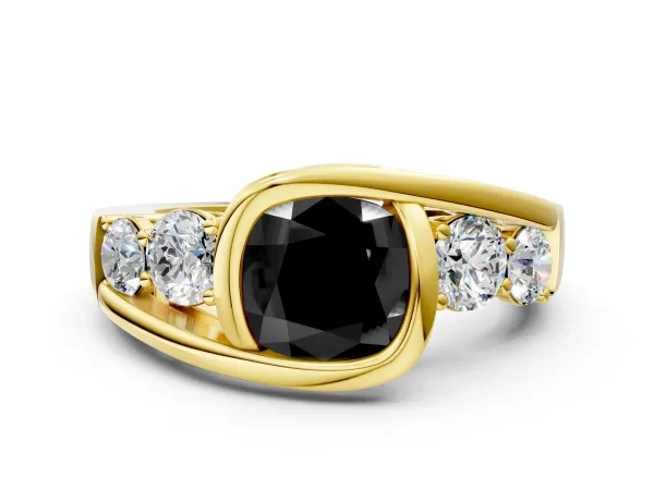 Fancy Black Bezel Set Cushion Cut Diamond Bypass Ring with Round Accents Yellow gold