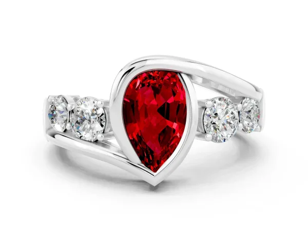Bezel Set Pear Cut Ruby Bypass Ring with Round Accents Platinum