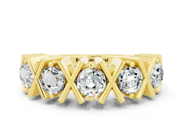 Round Moissanite Channel Set Band with X-Prong Detail Yellow gold