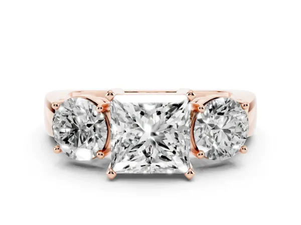 Three-Stone Princess Cut Diamond Ring with Round Side Stones, Classic Band, and Four-Prong Setting Rose gold